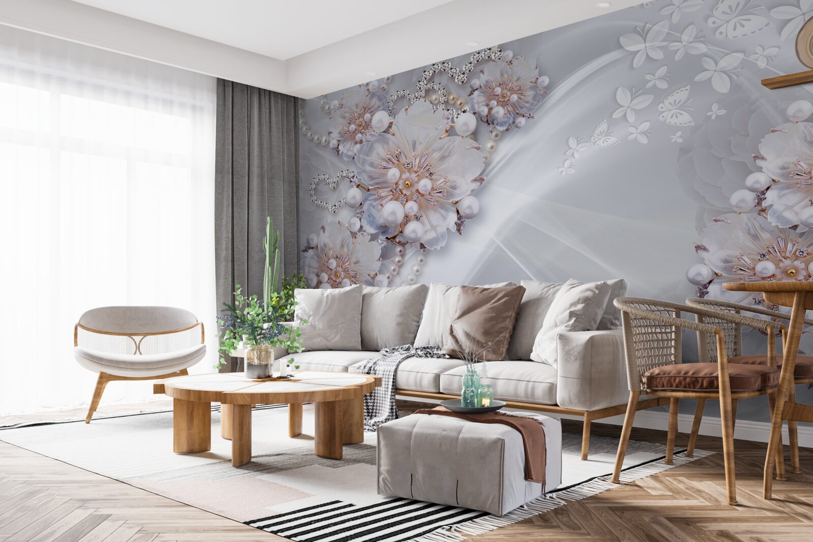 Fototapeta na hodvábe sú jemné kvietky zdobené perličkami