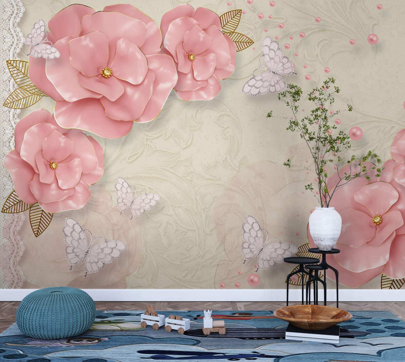 Fototapeta pôsobivé ružové púčiky a čisto biele nočné motýle