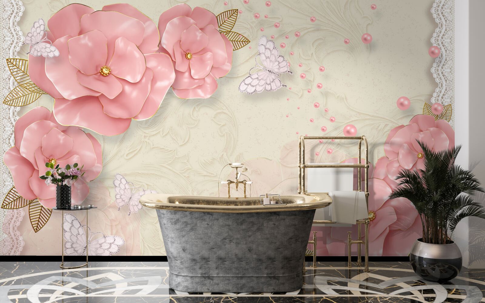 Fototapeta pôsobivé ružové púčiky a čisto biele nočné motýle