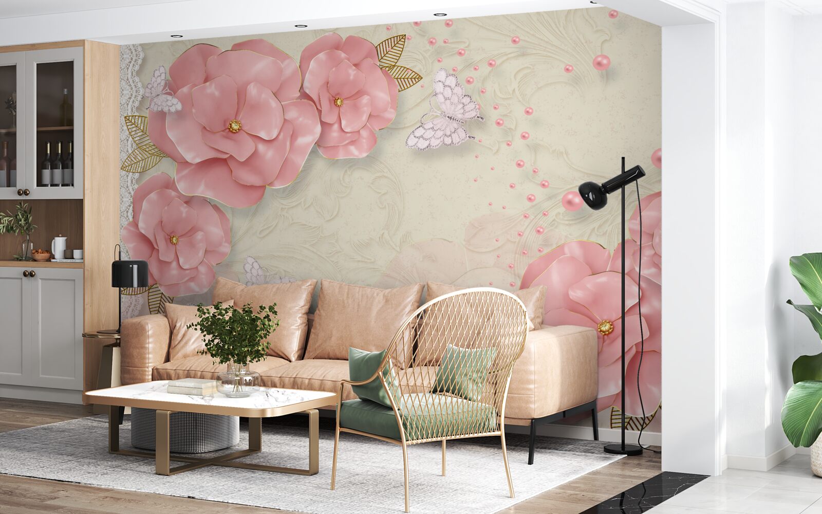 Fototapeta pôsobivé ružové púčiky a čisto biele nočné motýle