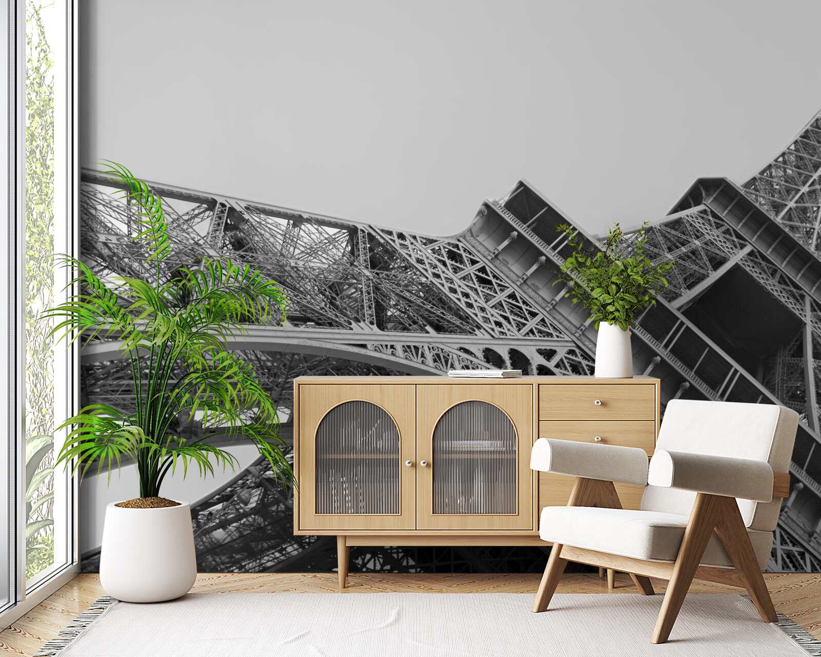 Fototapeta čiernobiely pohľad na Eiffelovu vežu zdola