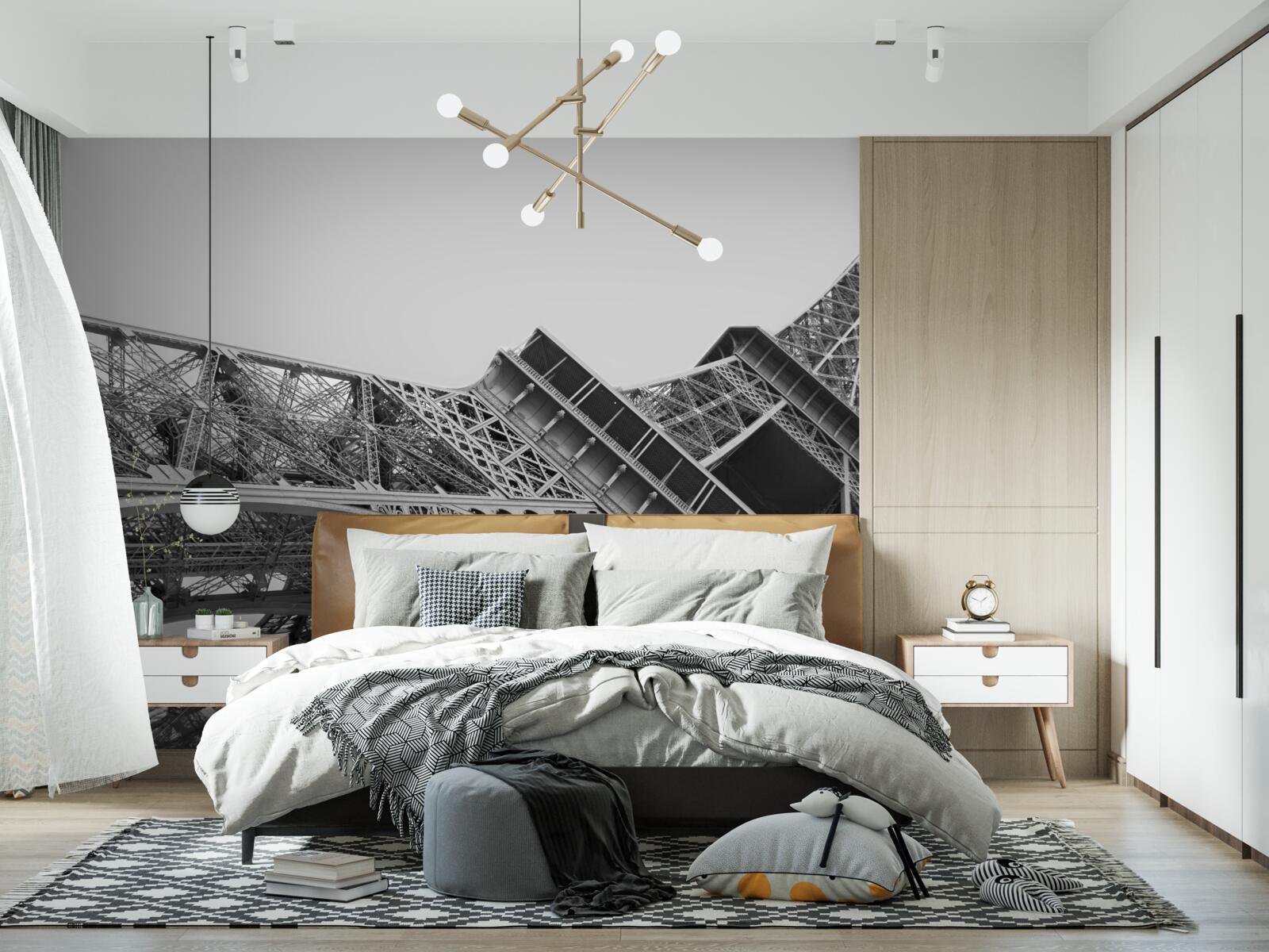 Fototapeta čiernobiely pohľad na Eiffelovu vežu zdola