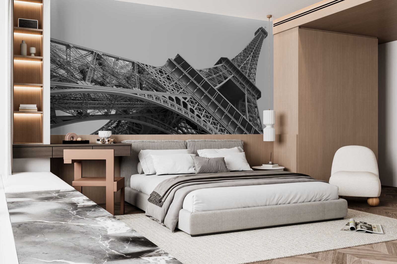 Fototapeta čiernobiely pohľad na Eiffelovu vežu zdola