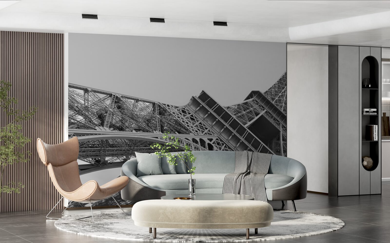 Fototapeta čiernobiely pohľad na Eiffelovu vežu zdola