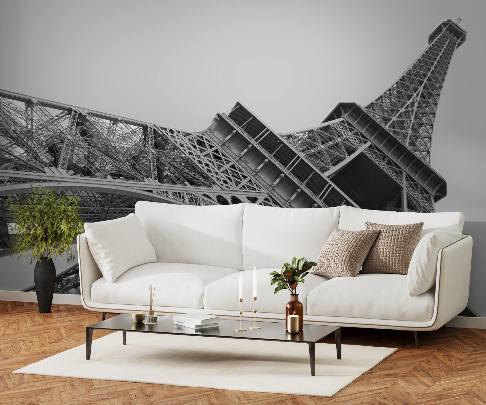 Fototapeta čiernobiely pohľad na Eiffelovu vežu zdola