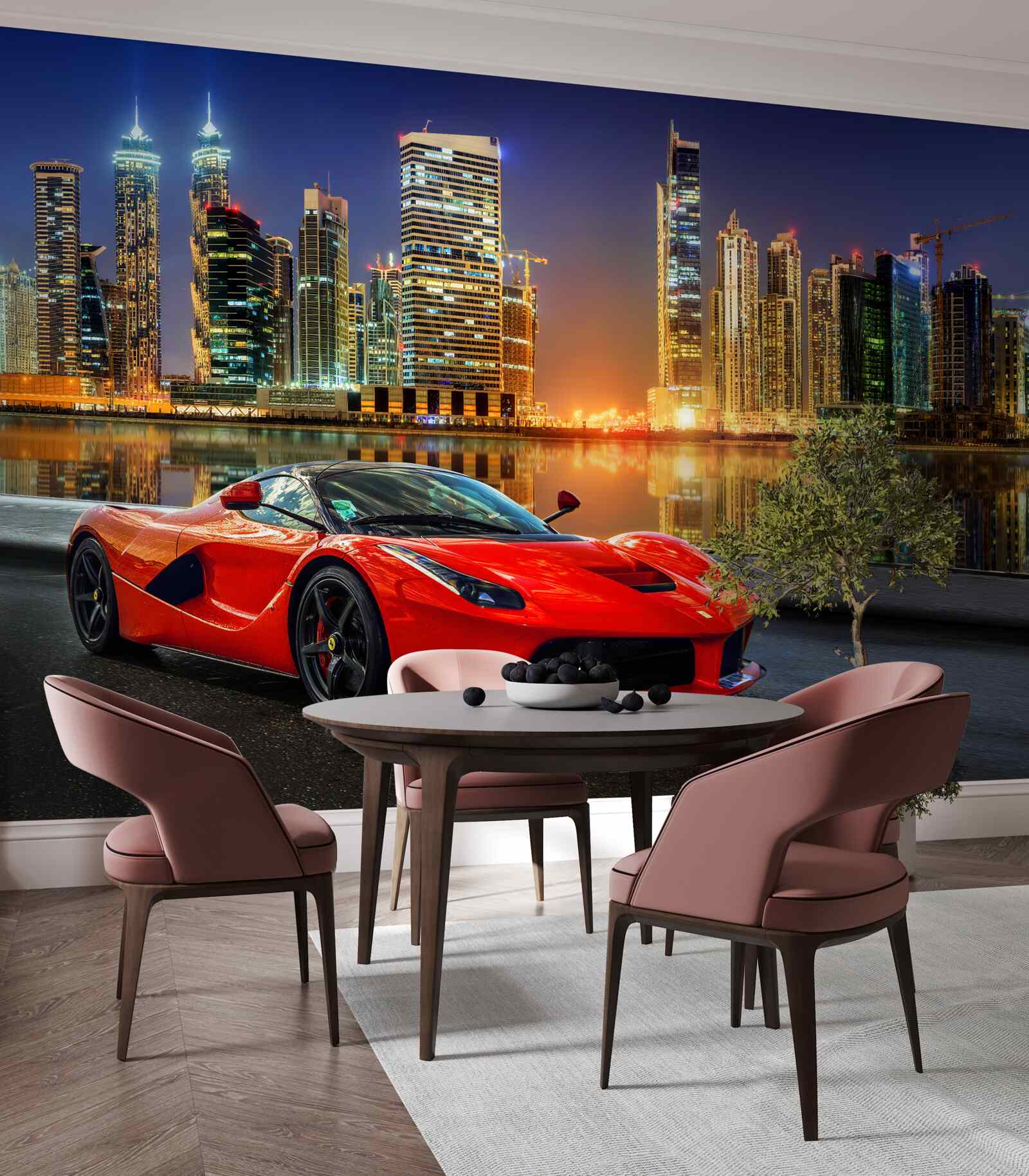 Fototapeta športové auto s nočnou panorámou mesta v pozadí