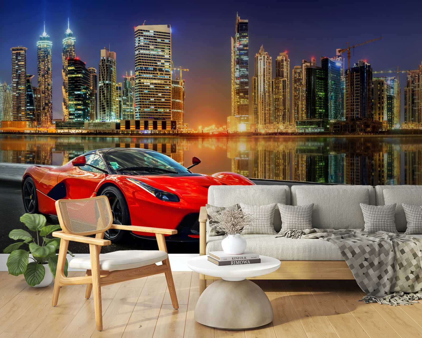 Fototapeta športové auto s nočnou panorámou mesta v pozadí