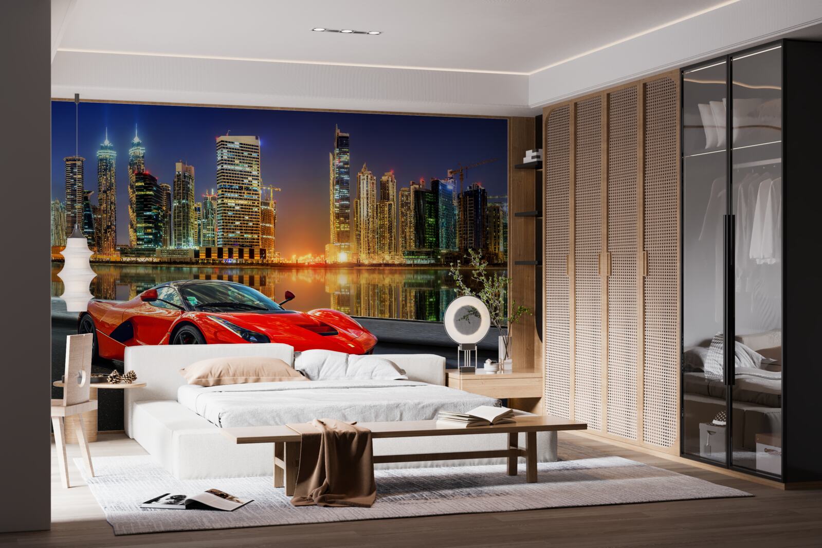 Fototapeta športové auto s nočnou panorámou mesta v pozadí