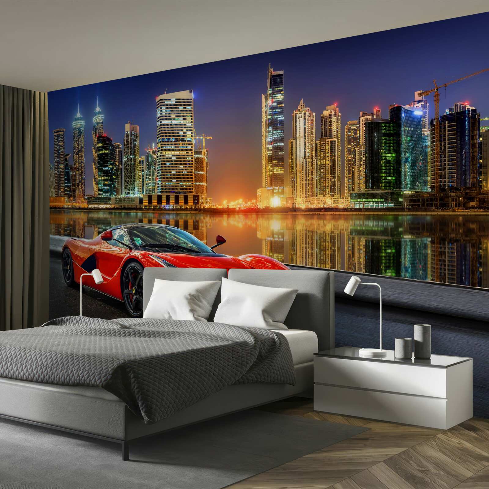 Fototapeta športové auto s nočnou panorámou mesta v pozadí