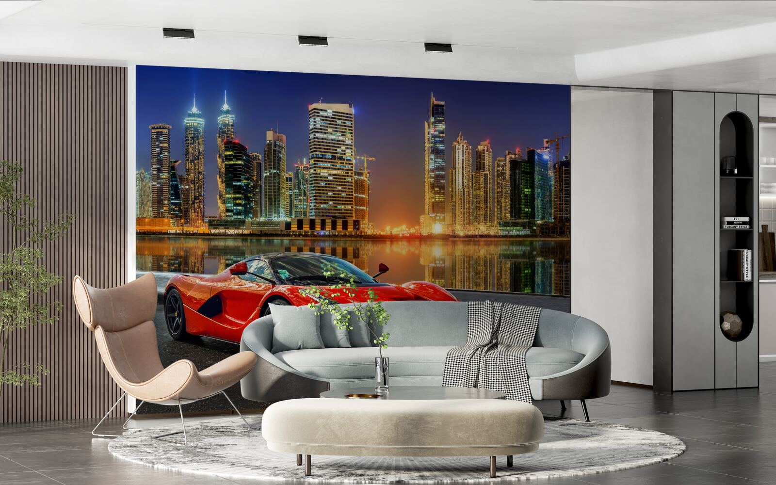 Fototapeta športové auto s nočnou panorámou mesta v pozadí