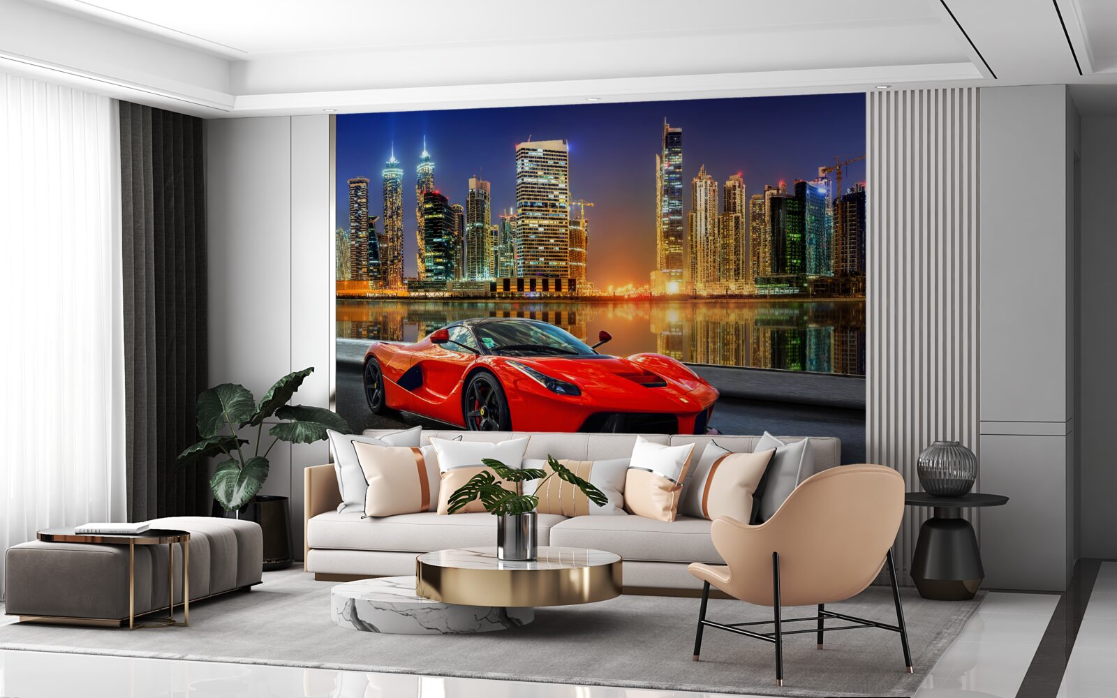 Fototapeta športové auto s nočnou panorámou mesta v pozadí