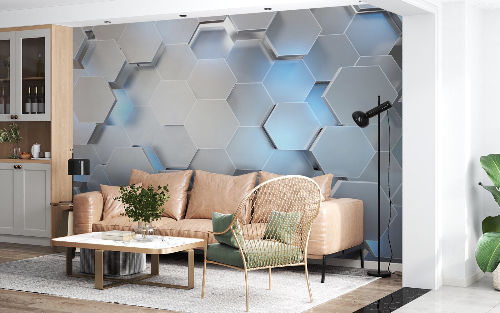 Fototapeta sivé šesťuholníky s modrým akcentom