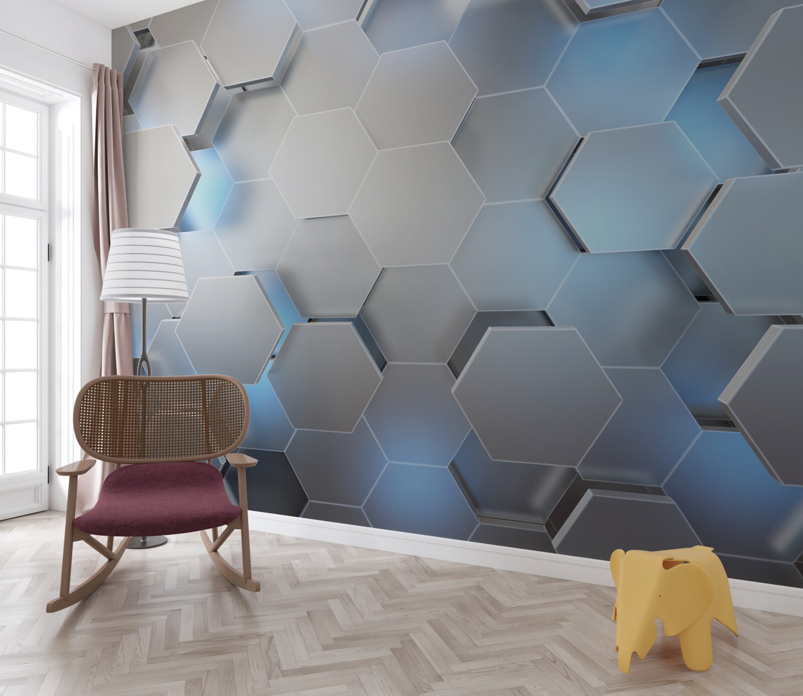 Fototapeta sivé šesťuholníky s modrým akcentom