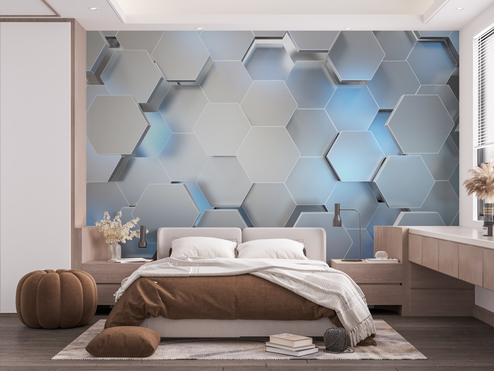 Fototapeta sivé šesťuholníky s modrým akcentom