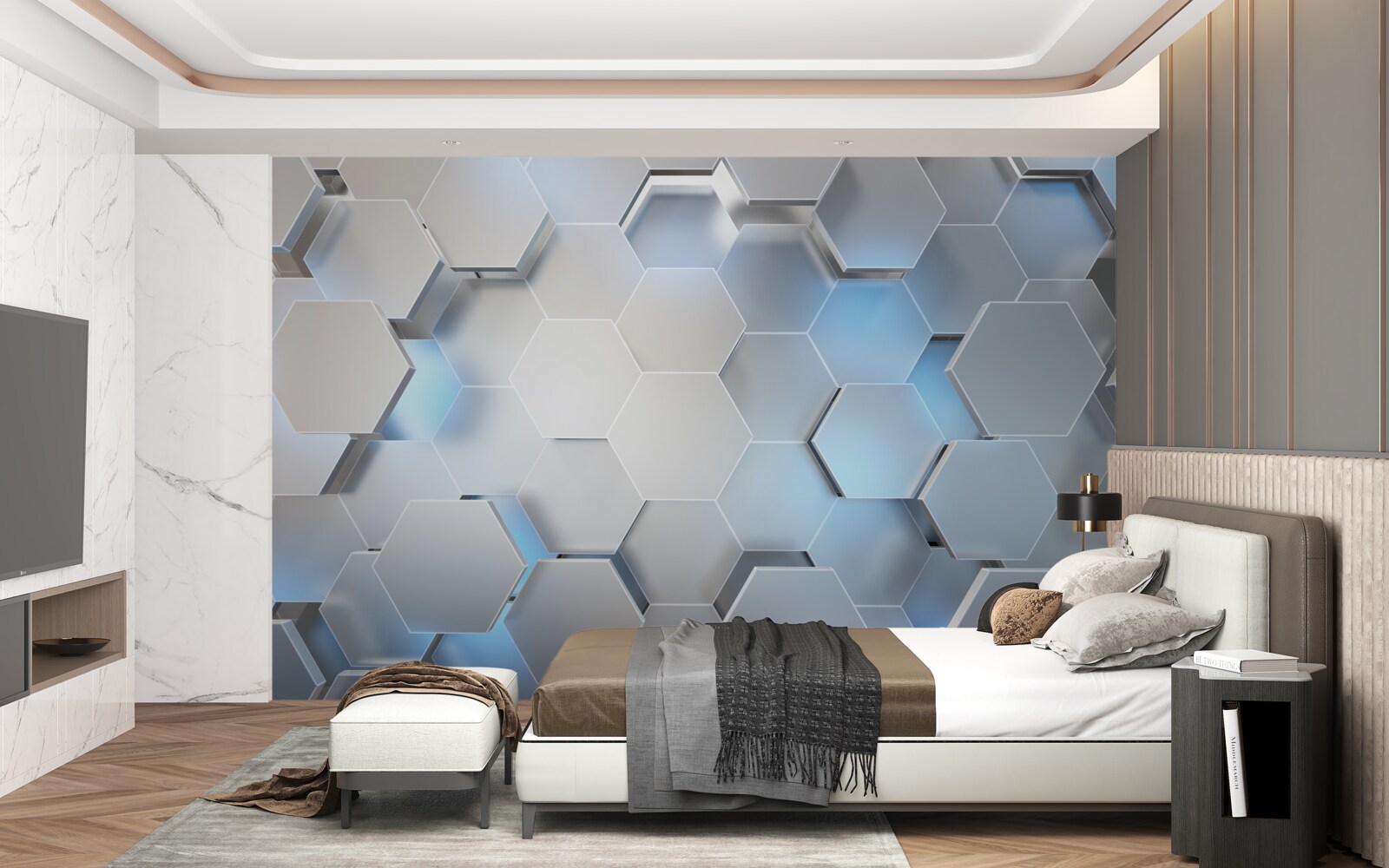 Fototapeta sivé šesťuholníky s modrým akcentom