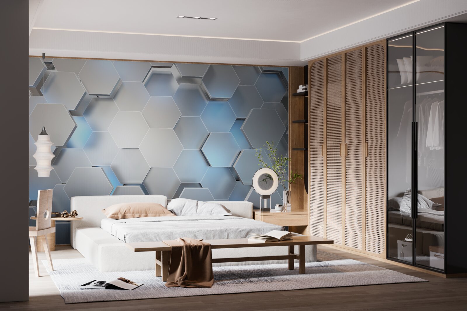 Fototapeta sivé šesťuholníky s modrým akcentom