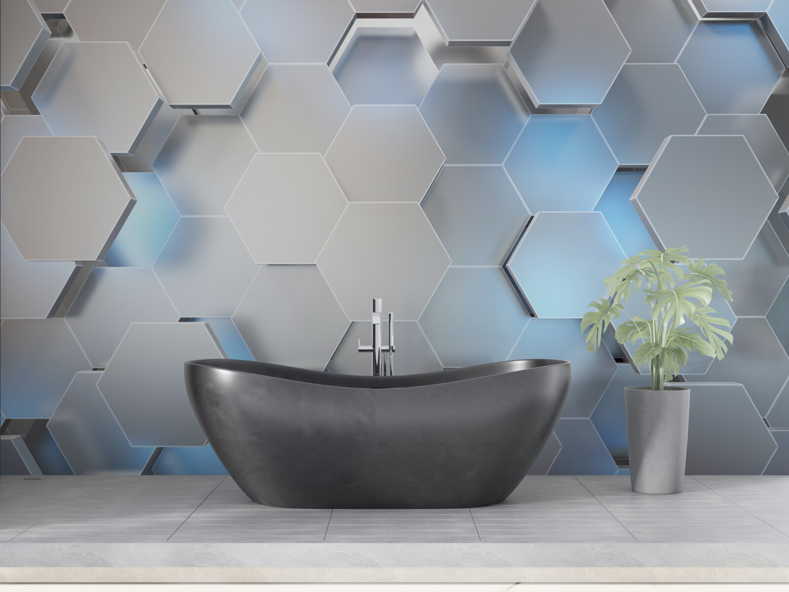 Fototapeta sivé šesťuholníky s modrým akcentom