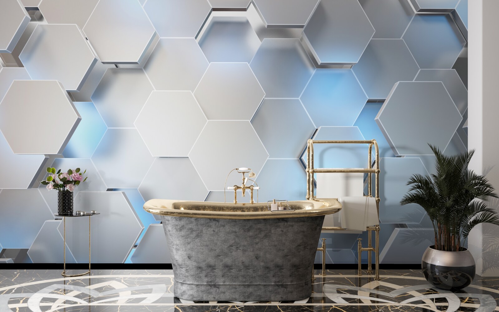 Fototapeta sivé šesťuholníky s modrým akcentom