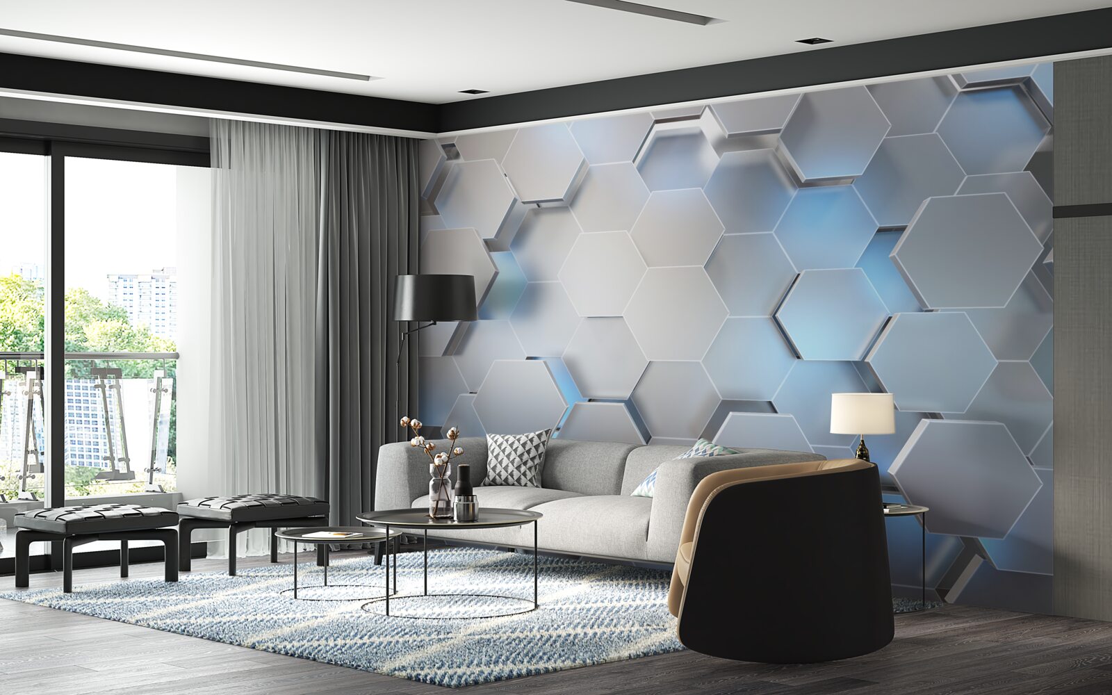 Fototapeta sivé šesťuholníky s modrým akcentom
