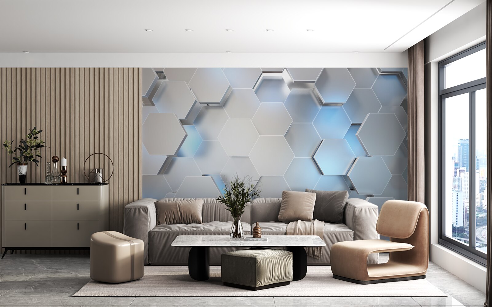 Fototapeta sivé šesťuholníky s modrým akcentom