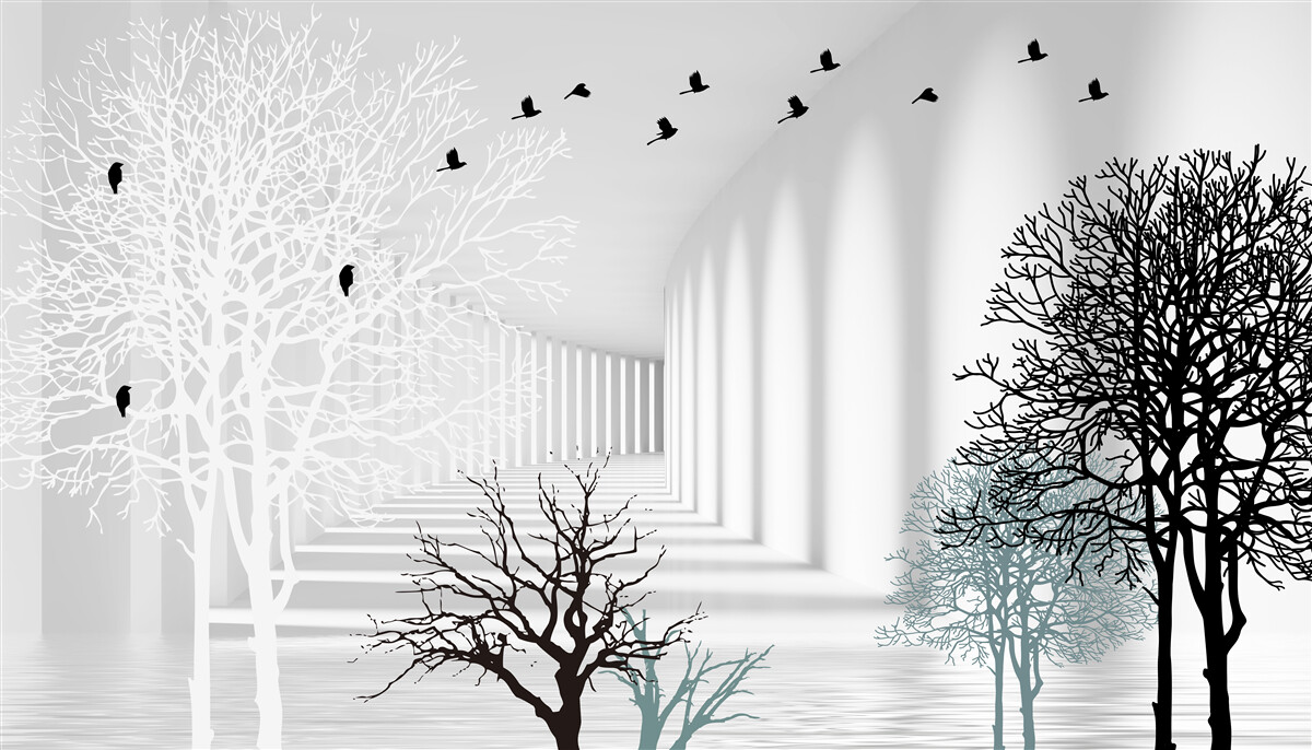 Fototapeta stromy, ktoré zhodili listy a vtáky, ktoré s príchodom jesene odlietajú