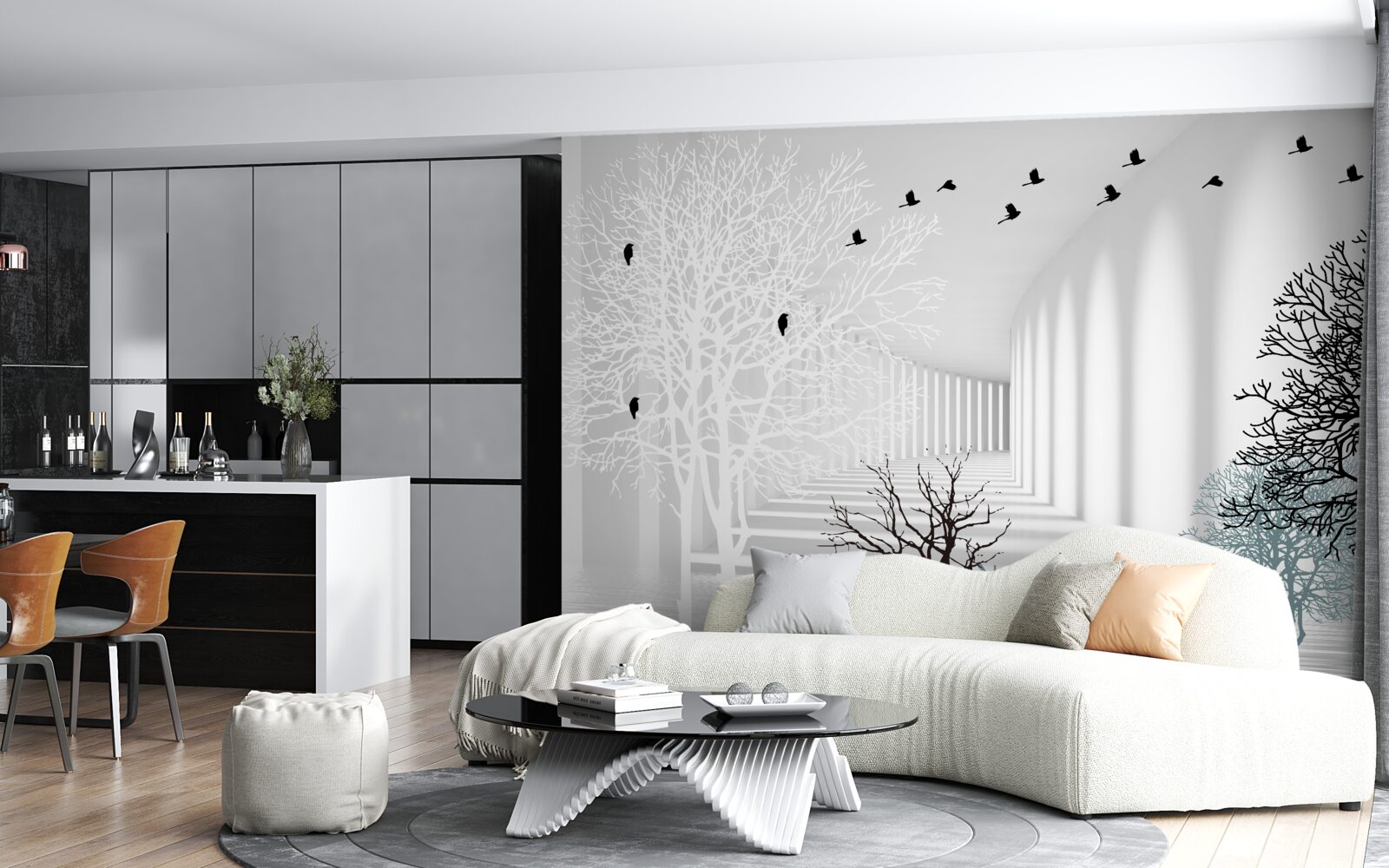 Fototapeta stromy, ktoré zhodili listy a vtáky, ktoré s príchodom jesene odlietajú