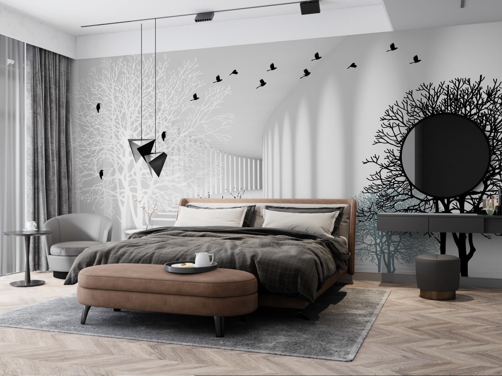 Fototapeta stromy, ktoré zhodili listy a vtáky, ktoré s príchodom jesene odlietajú