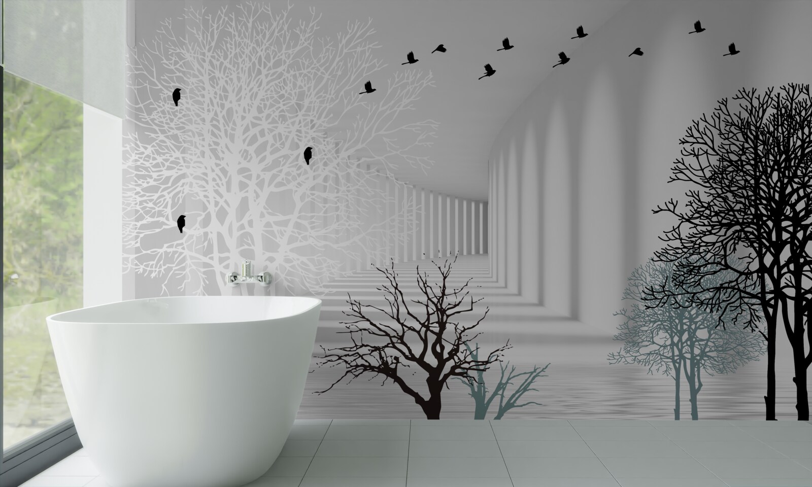 Fototapeta stromy, ktoré zhodili listy a vtáky, ktoré s príchodom jesene odlietajú