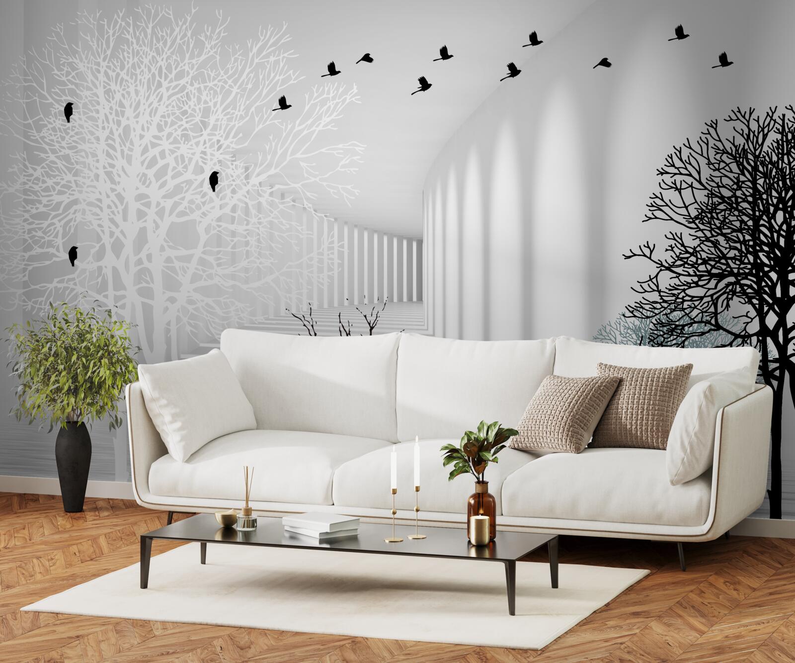 Fototapeta stromy, ktoré zhodili listy a vtáky, ktoré s príchodom jesene odlietajú