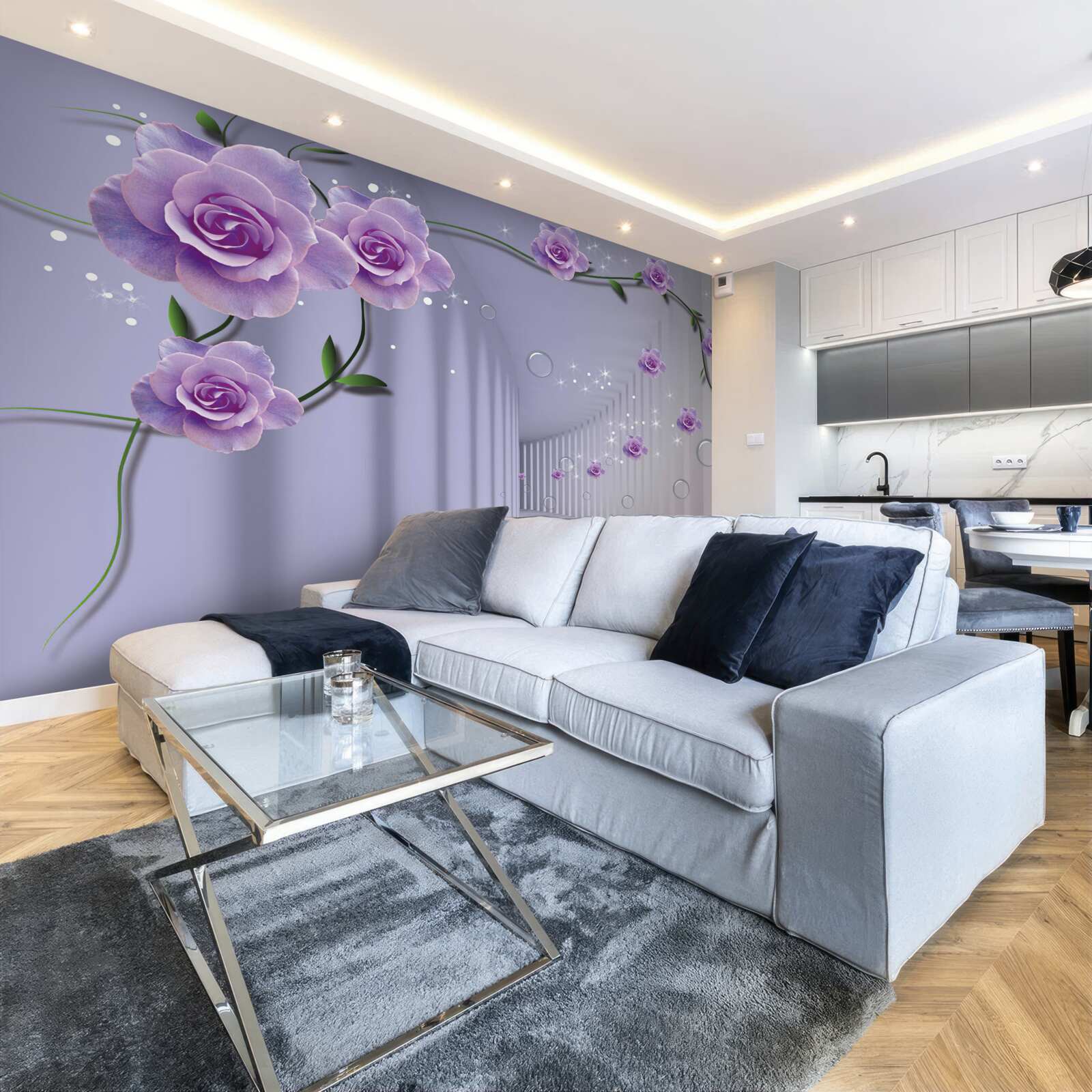 Fototapeta sála zdobená fialovými odtieňmi
