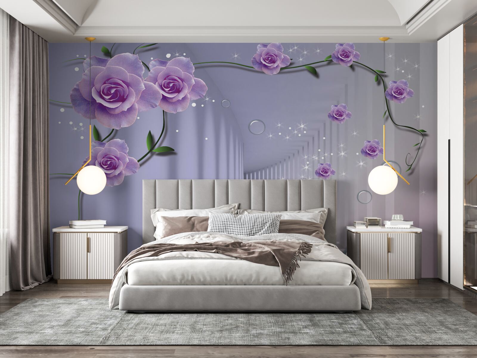 Fototapeta sála zdobená fialovými odtieňmi