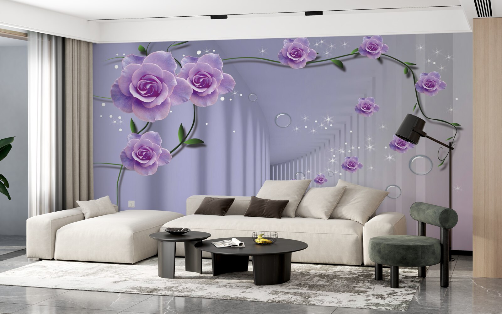 Fototapeta sála zdobená fialovými odtieňmi