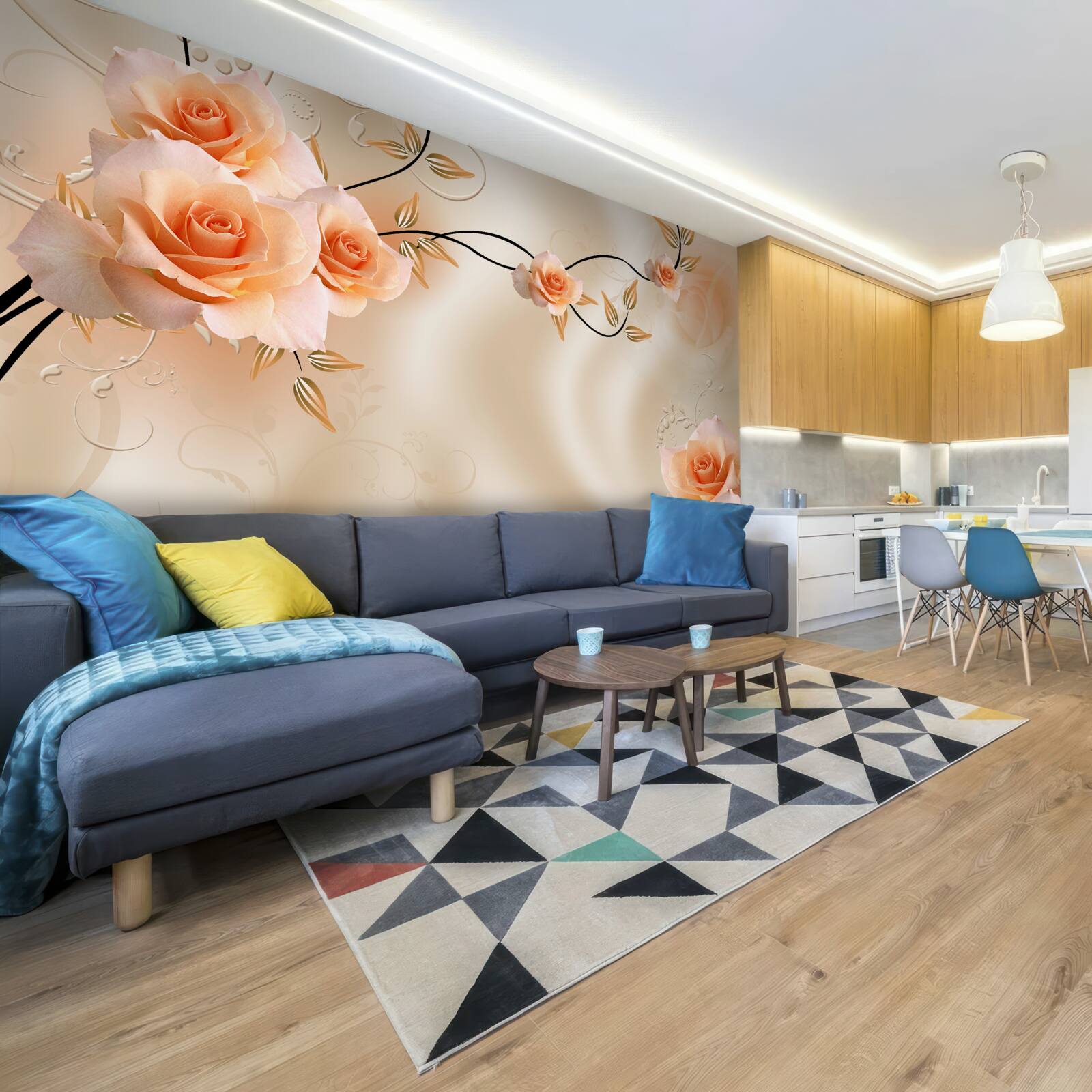 Fototapeta hodváb broskyňovej farby s ružovými kvetmi