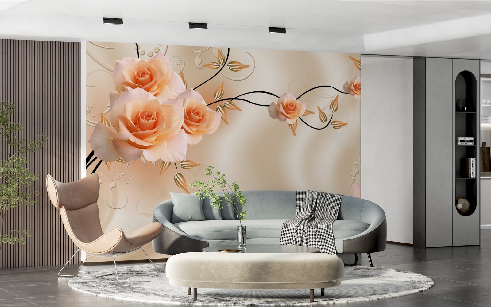 Fototapeta hodváb broskyňovej farby s ružovými kvetmi