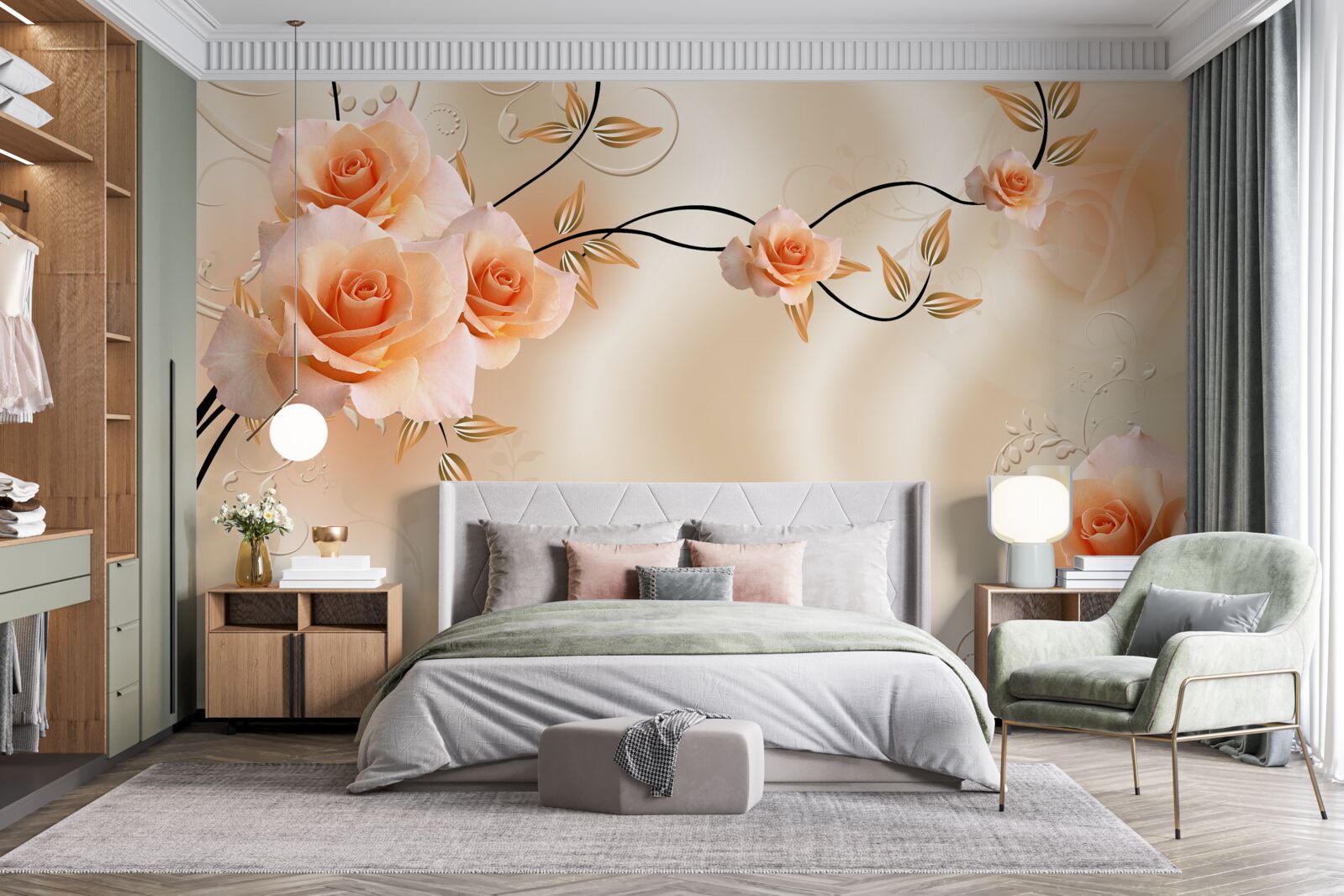 Fototapeta hodváb broskyňovej farby s ružovými kvetmi