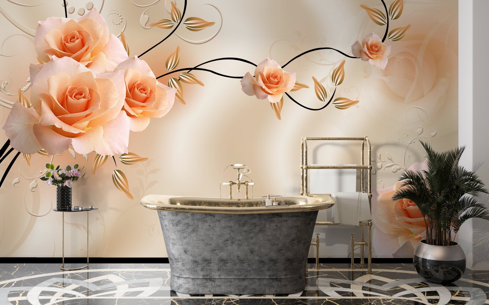 Fototapeta hodváb broskyňovej farby s ružovými kvetmi