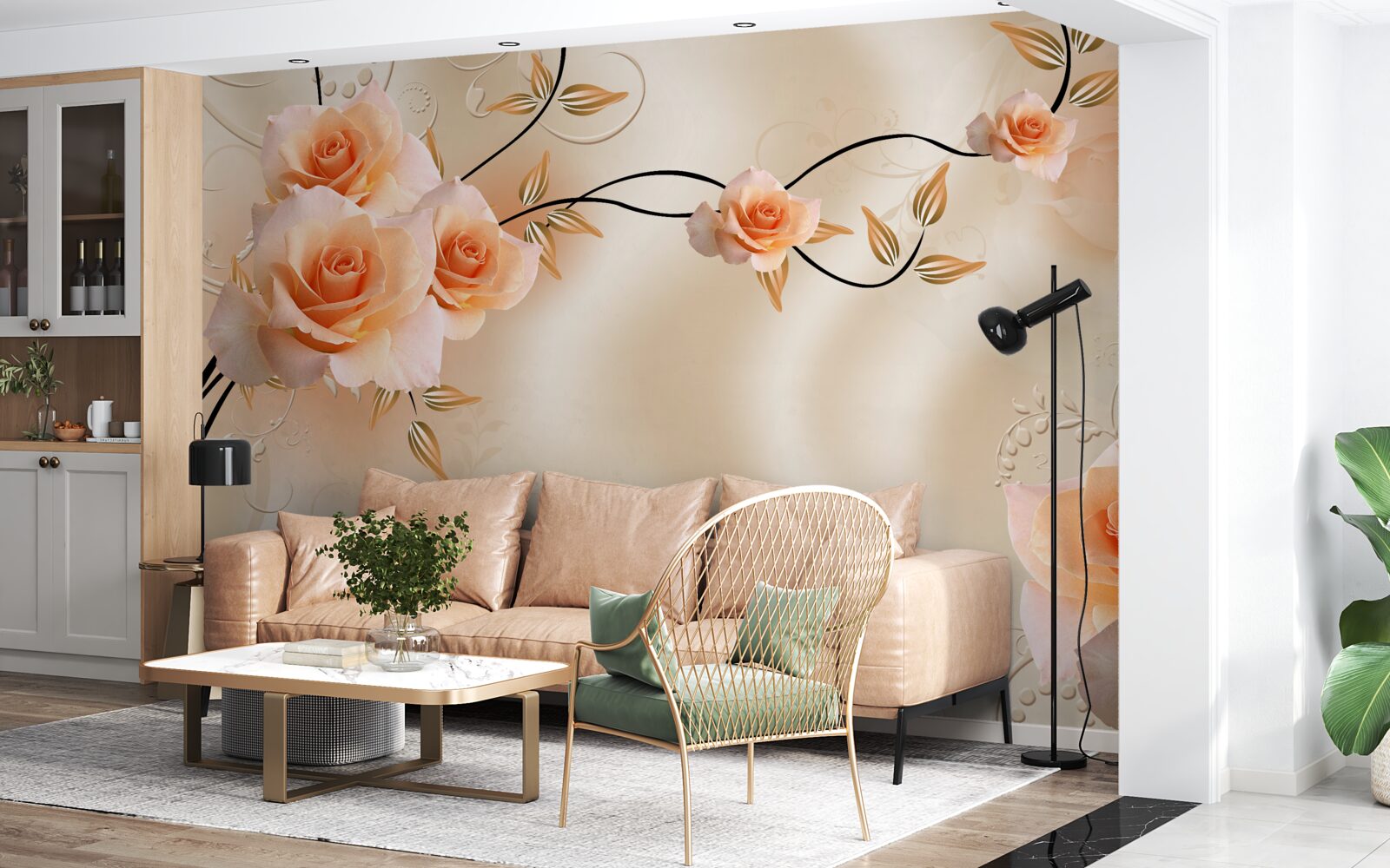 Fototapeta hodváb broskyňovej farby s ružovými kvetmi