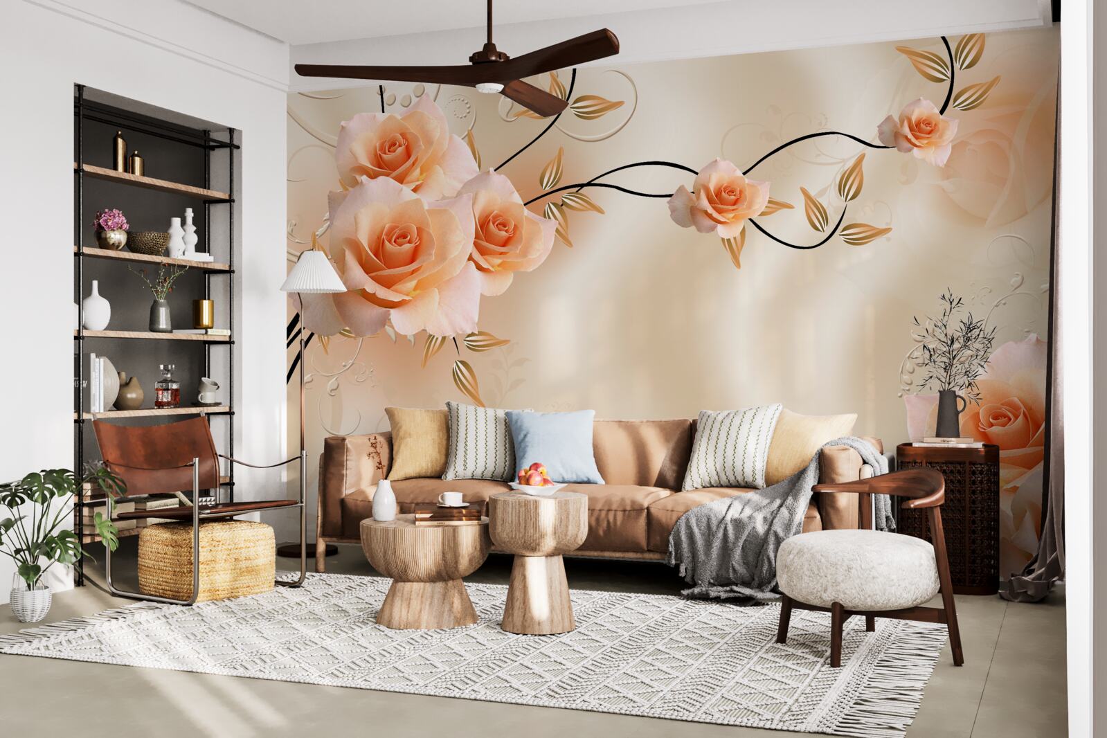 Fototapeta hodváb broskyňovej farby s ružovými kvetmi