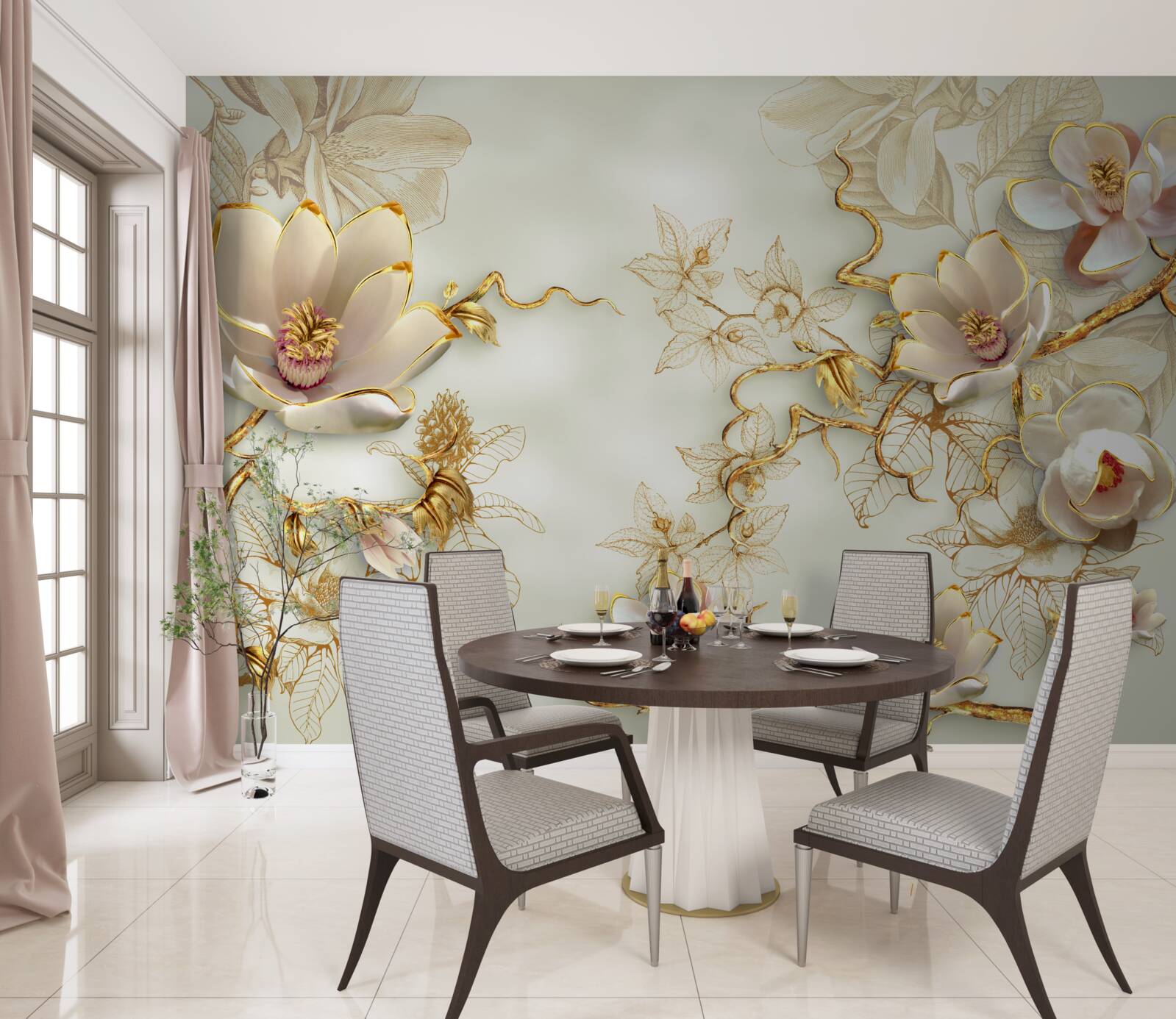 Fototapeta konáre posiate zlatými a snehovo bielymi kvetmi