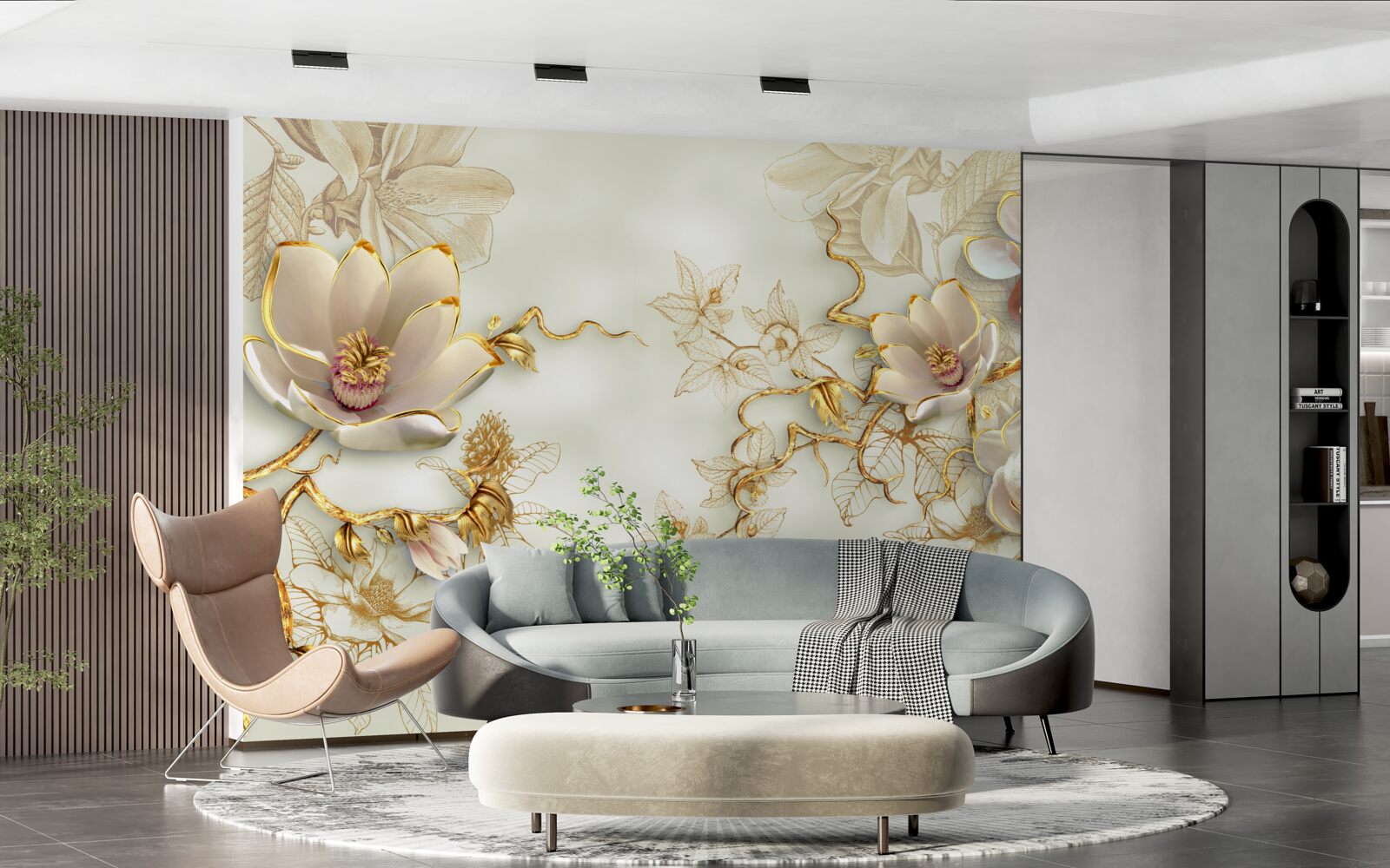 Fototapeta konáre posiate zlatými a snehovo bielymi kvetmi