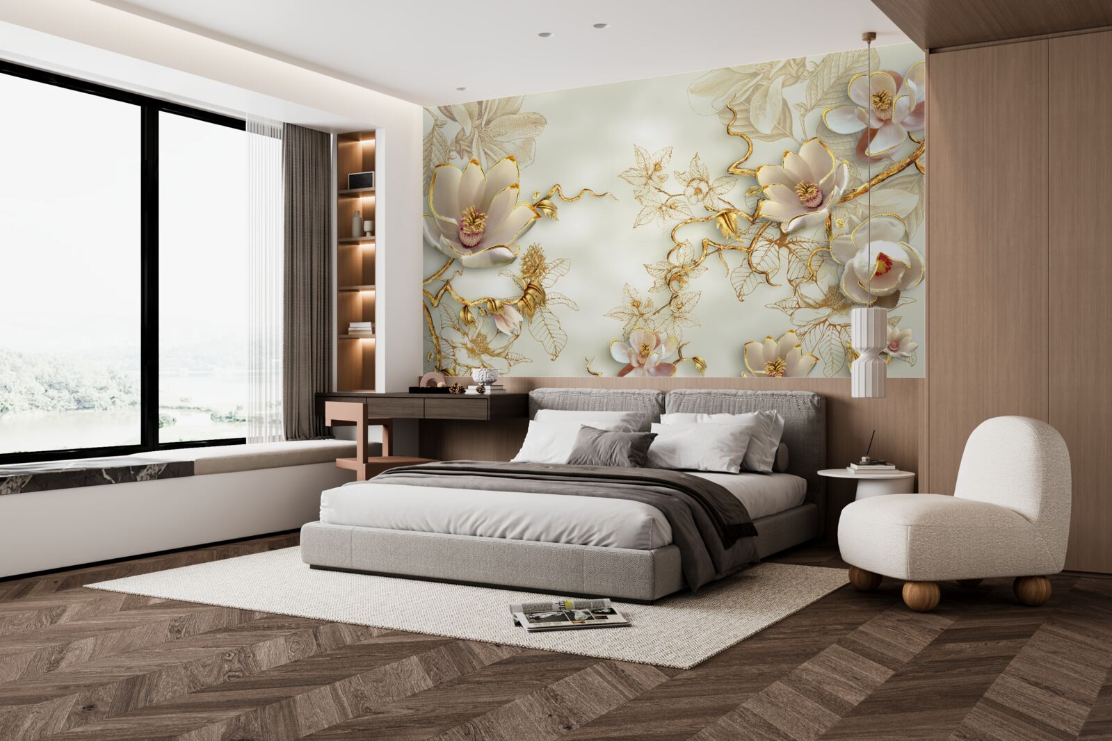 Fototapeta konáre posiate zlatými a snehovo bielymi kvetmi