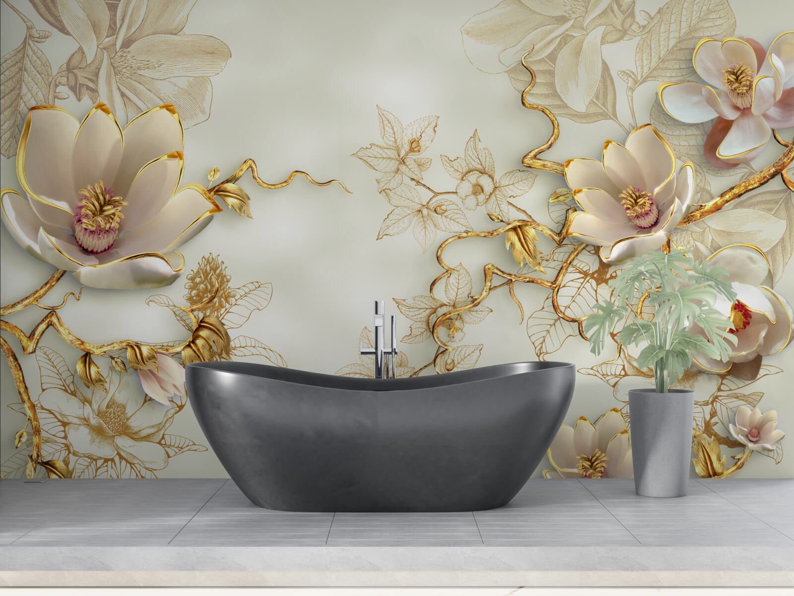 Fototapeta konáre posiate zlatými a snehovo bielymi kvetmi