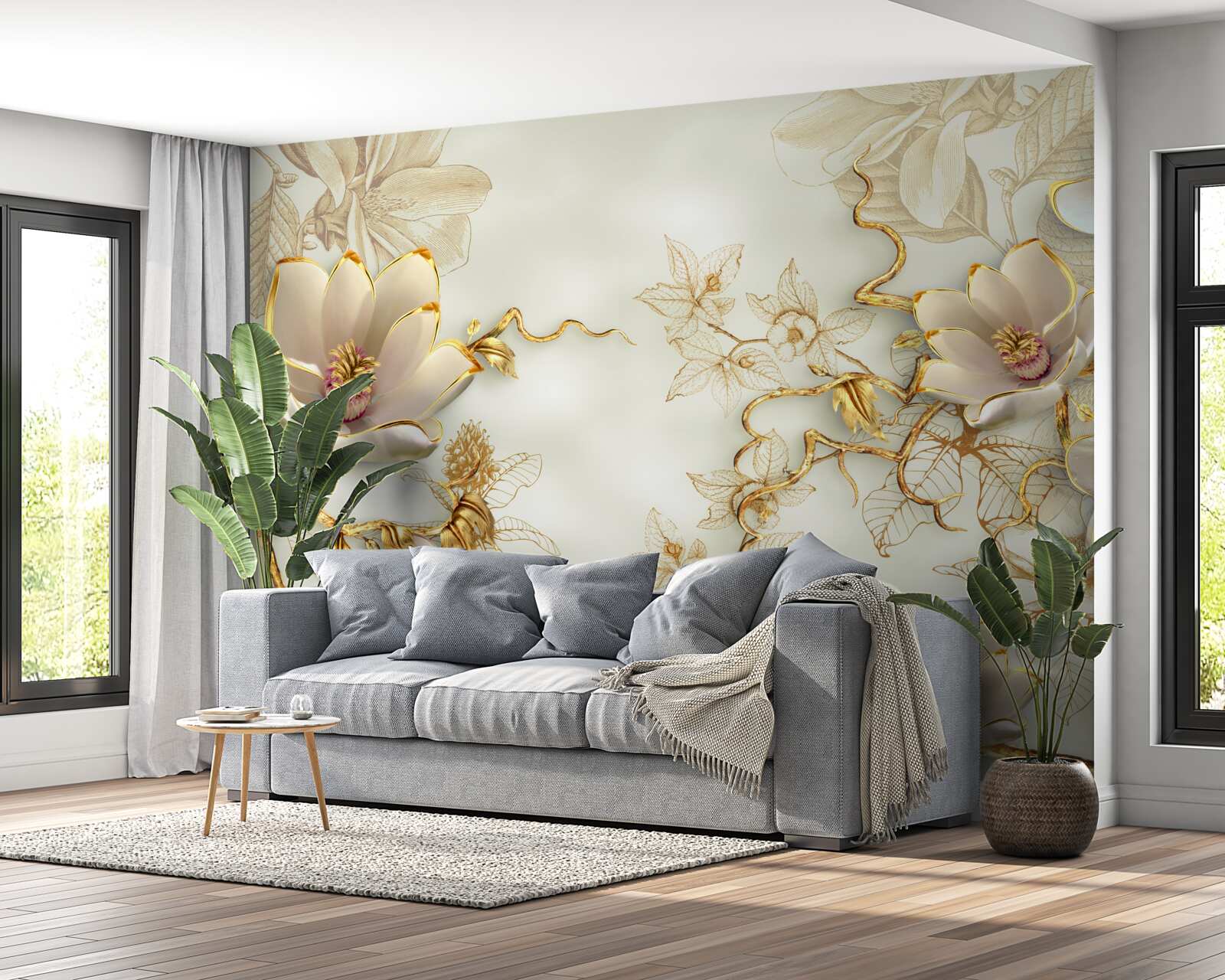 Fototapeta konáre posiate zlatými a snehovo bielymi kvetmi