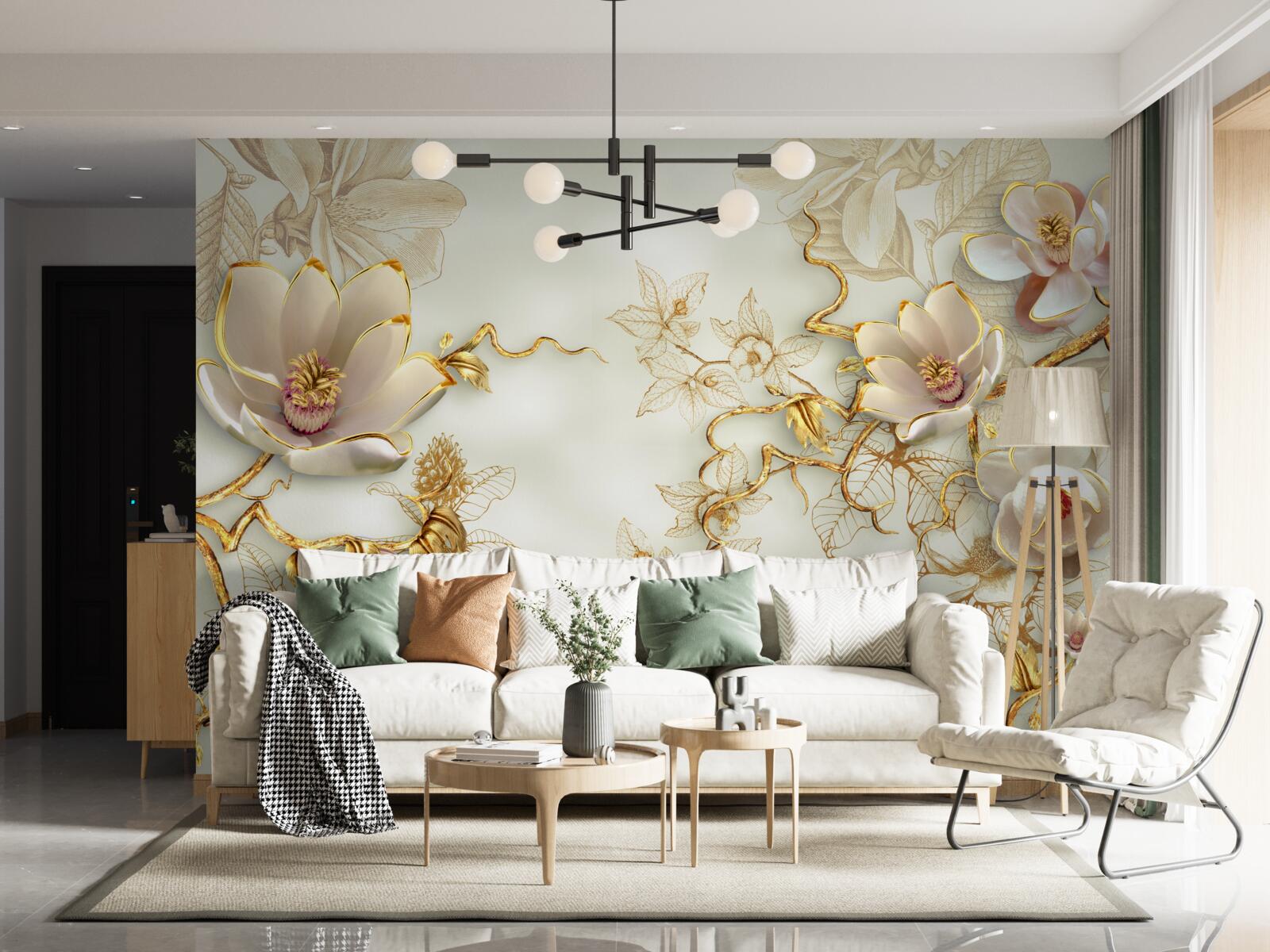 Fototapeta konáre posiate zlatými a snehovo bielymi kvetmi