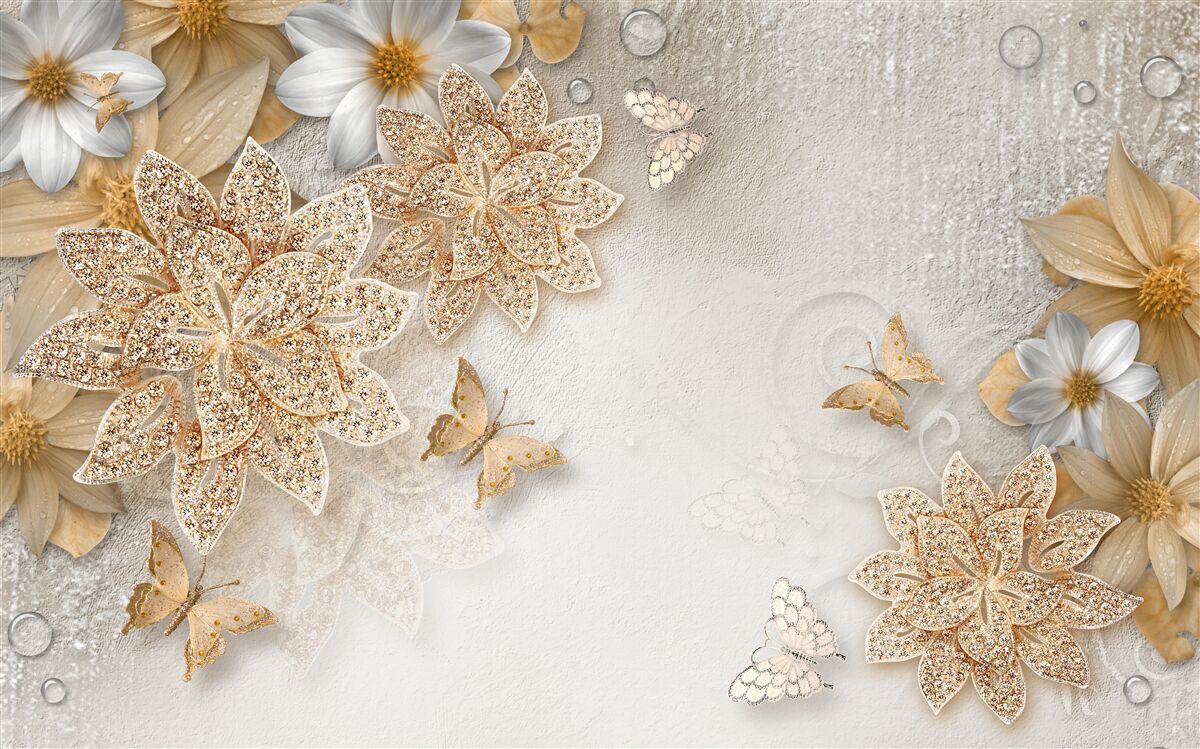 Fototapeta biely lotos a kvety so zlatým rezom