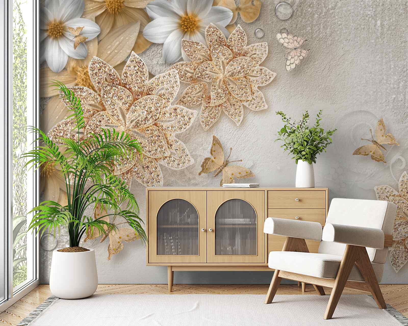 Fototapeta biely lotos a kvety so zlatým rezom