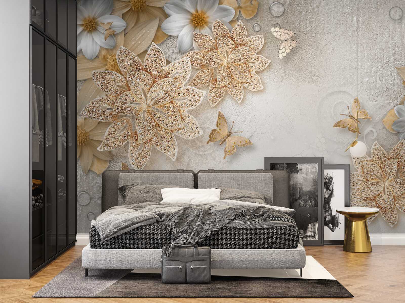 Fototapeta biely lotos a kvety so zlatým rezom