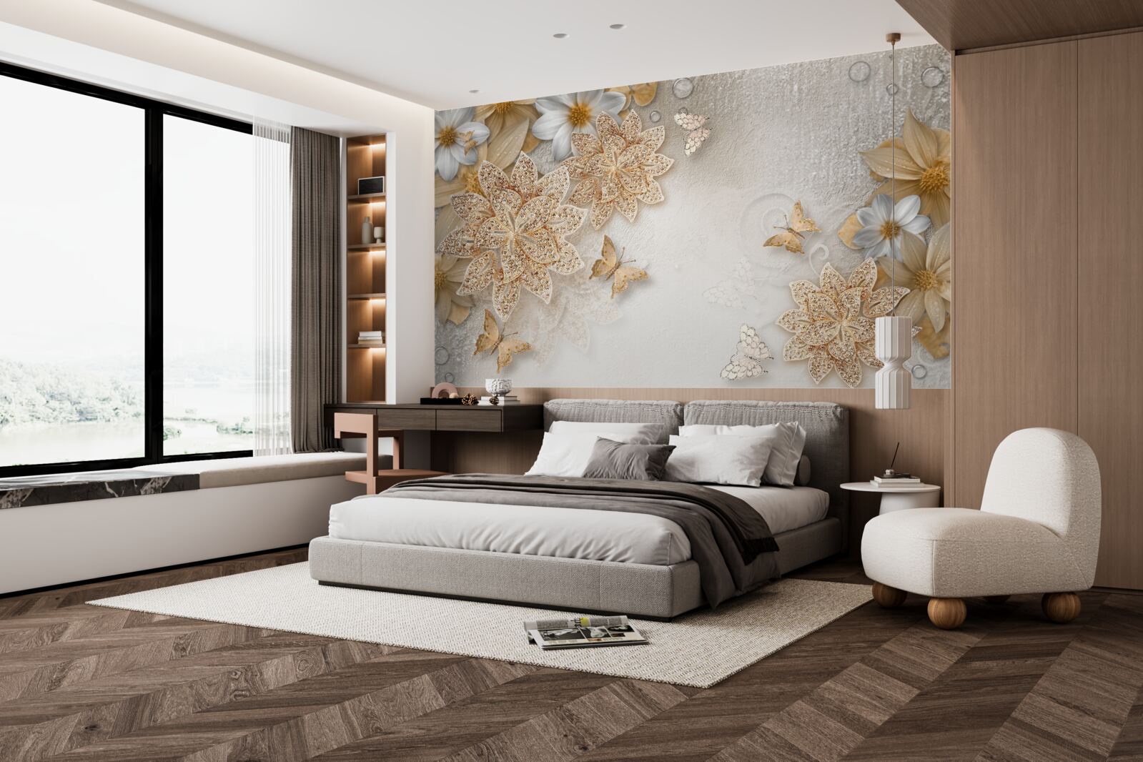 Fototapeta biely lotos a kvety so zlatým rezom