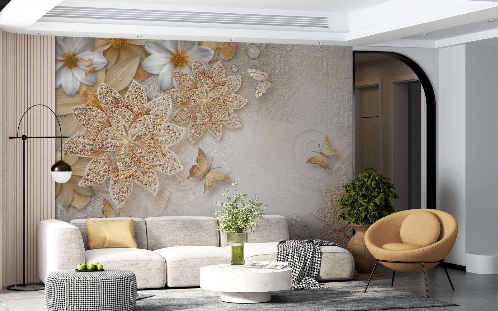 Fototapeta biely lotos a kvety so zlatým rezom