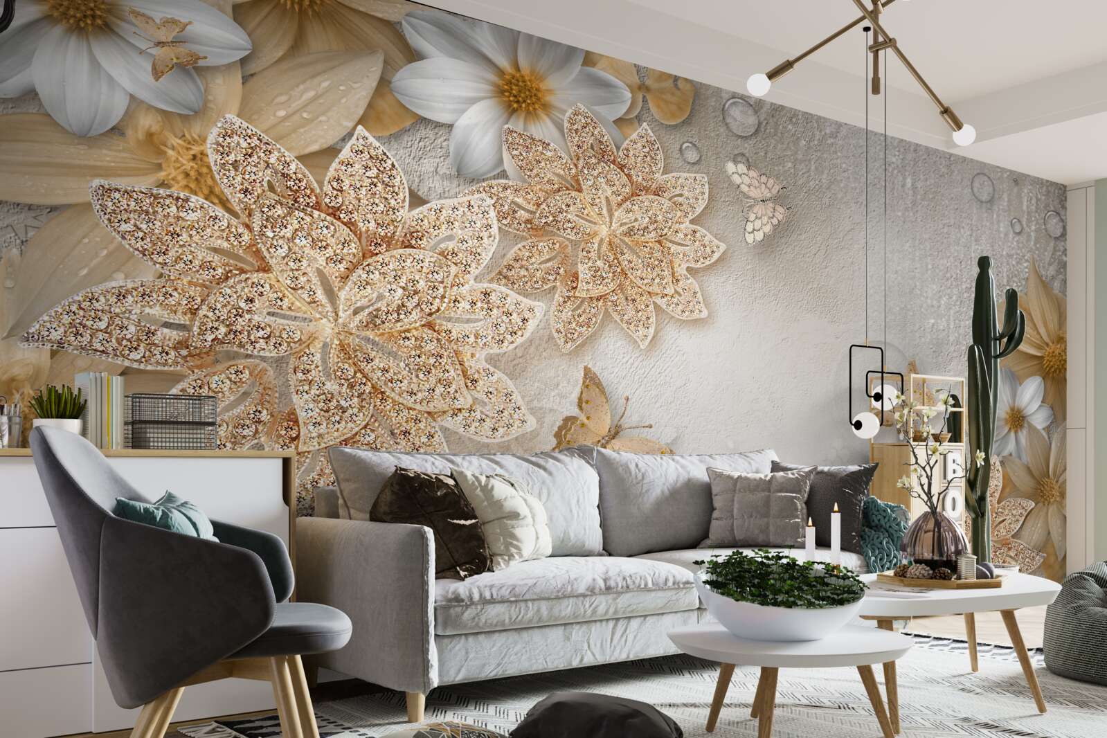 Fototapeta biely lotos a kvety so zlatým rezom